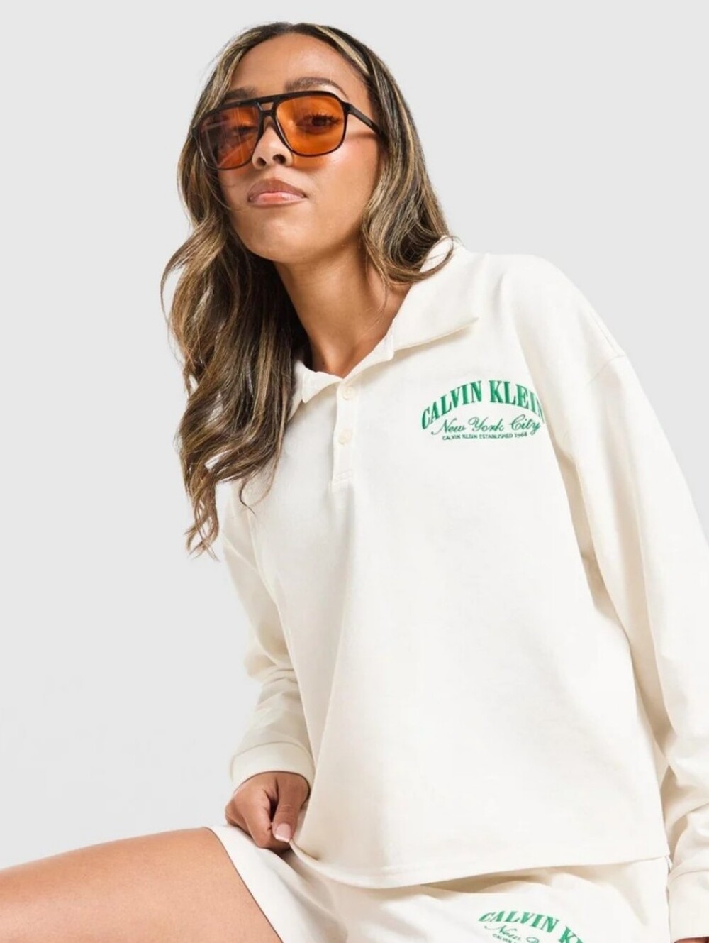 Calvin Klein Heritage Polo Sweatshirt Small S Off White Green Logo Long Sleeve